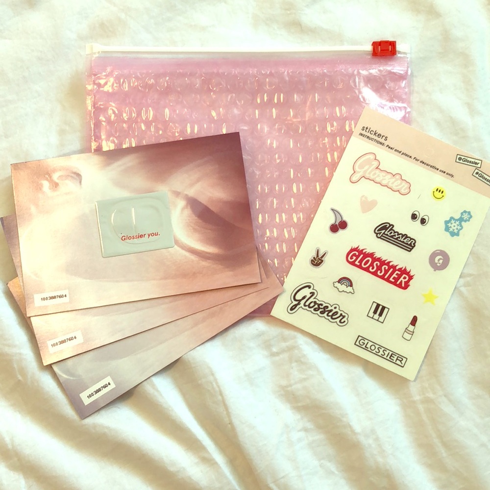 THREE Glossier You samples w/sticker sheet & pouch